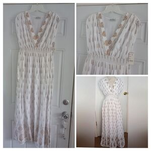 Lapogee Vneck White Gold Maxi Sleeveless Boho Wedding Beach Dress Large Nwt L